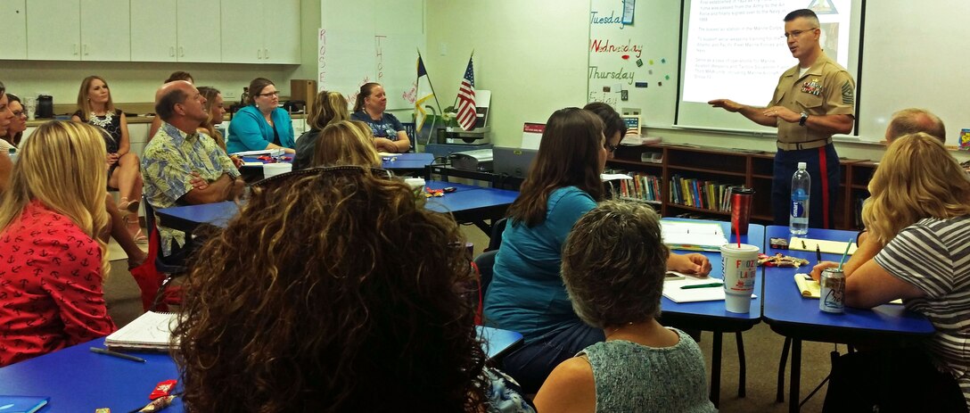 Sgt. Maj. James Willeford, the sergeant major of Marine Fighter Attack Squadron 121, gives a brief introduction of the Marine Corps to a group of school teachers at Yuma Lutheran School in Yuma, Ariz., Friday, August 7, 2015.