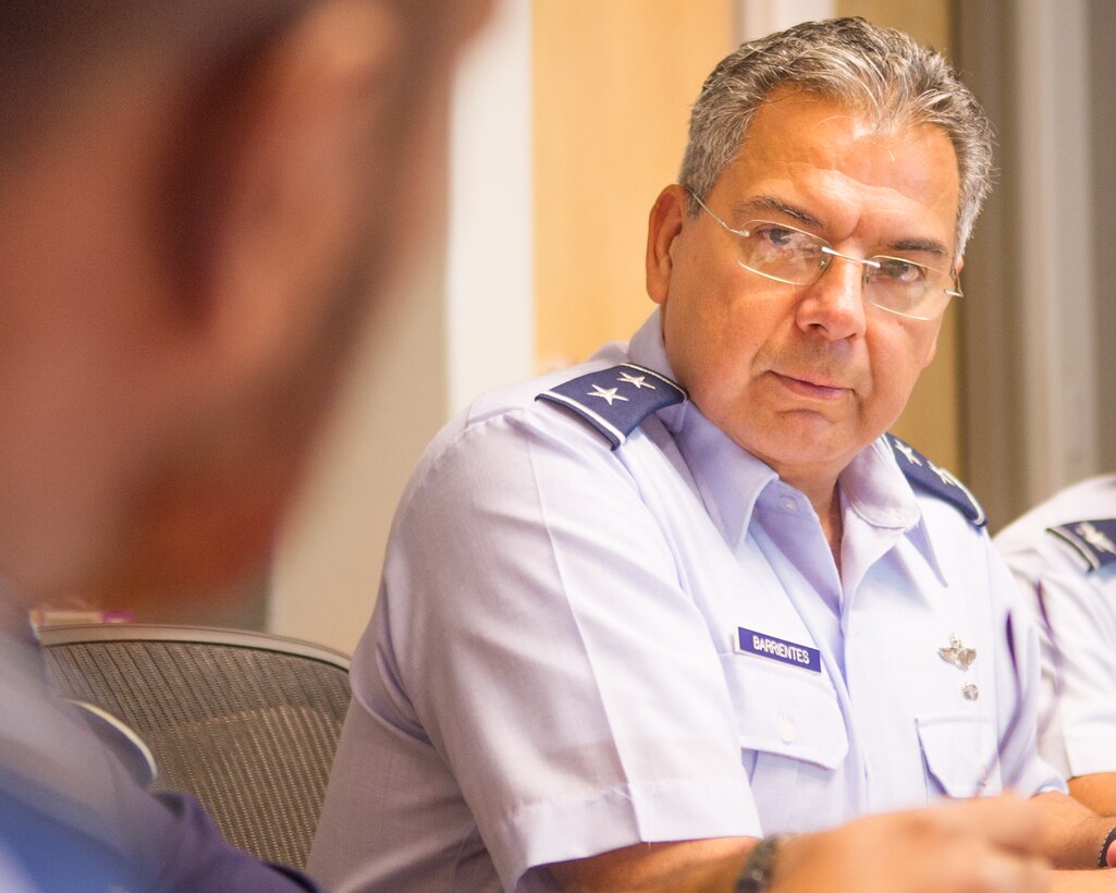 U.S. Air Force Maj. Gen. Abel Barrientes, Pacific Air Forces vice commander's individual mobility assistant, gives his opening remarks during the U.S. and Bangladesh Airman-to-Airman Talks, Joint Base Pear Harbor-Hickam, Hawaii, Aug. 4, 2015. The aim of the inaugural U.S. and Bangladesh Airman-to-Airman Talks was to bolster an earnest relationship between key leaders and pave the way for future cooperation among the two air forces. Discussion topics focused on a number of key matters which will enable both countries to plan future bilateral and multilateral engagements in the future. (U.S. Air Force photo by Tech. Sgt. James Stewart/Released)