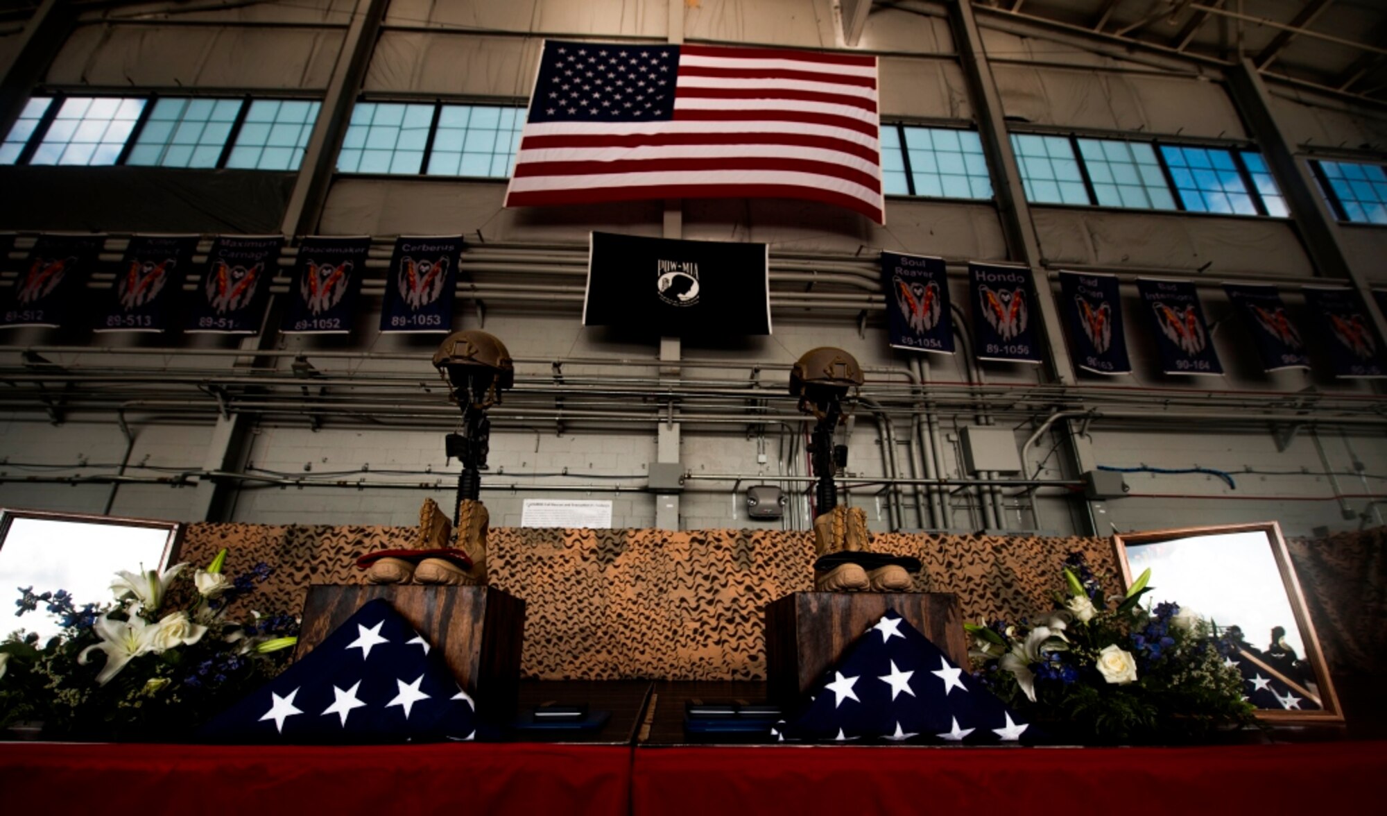 More than 500 Airmen, friends and family members gathered to mourn the loss of Tech. Sgt. Timothy Officer Jr., a tactical air control party Airman, and Tech. Sgt. Marty Bettelyoun, a combat controller, at Hurlburt Field, Fla., Aug. 7, 2015. Both Airmen died from injuries sustained in a freefall training accident on Eglin Range, Fla., Aug. 3, 2015. Both Special Tactics Airmen, assigned to the 24th Special Operations Wing, will be buried with full military honors. (U.S. Air Force photo by Senior Airman Christopher Callaway/Released)
