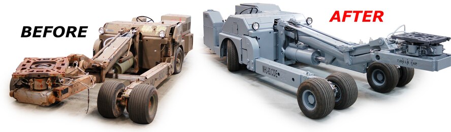 Before and after images of a Munitions Handling Unit-83 aerial lift truck overhauled by the Ogden Air Logistic Complex's 572nd Electronic Maintenance Squadron at Hill Air Force Base, Utah. The MHU-83 lifts and secures munitions, weapons, rocket launchers, fuel tanks and other items weighing up to 7,000 pounds onto the pylons of various tactical aircraft. (U.S. Air Force graphic illustration by David A. Perry)