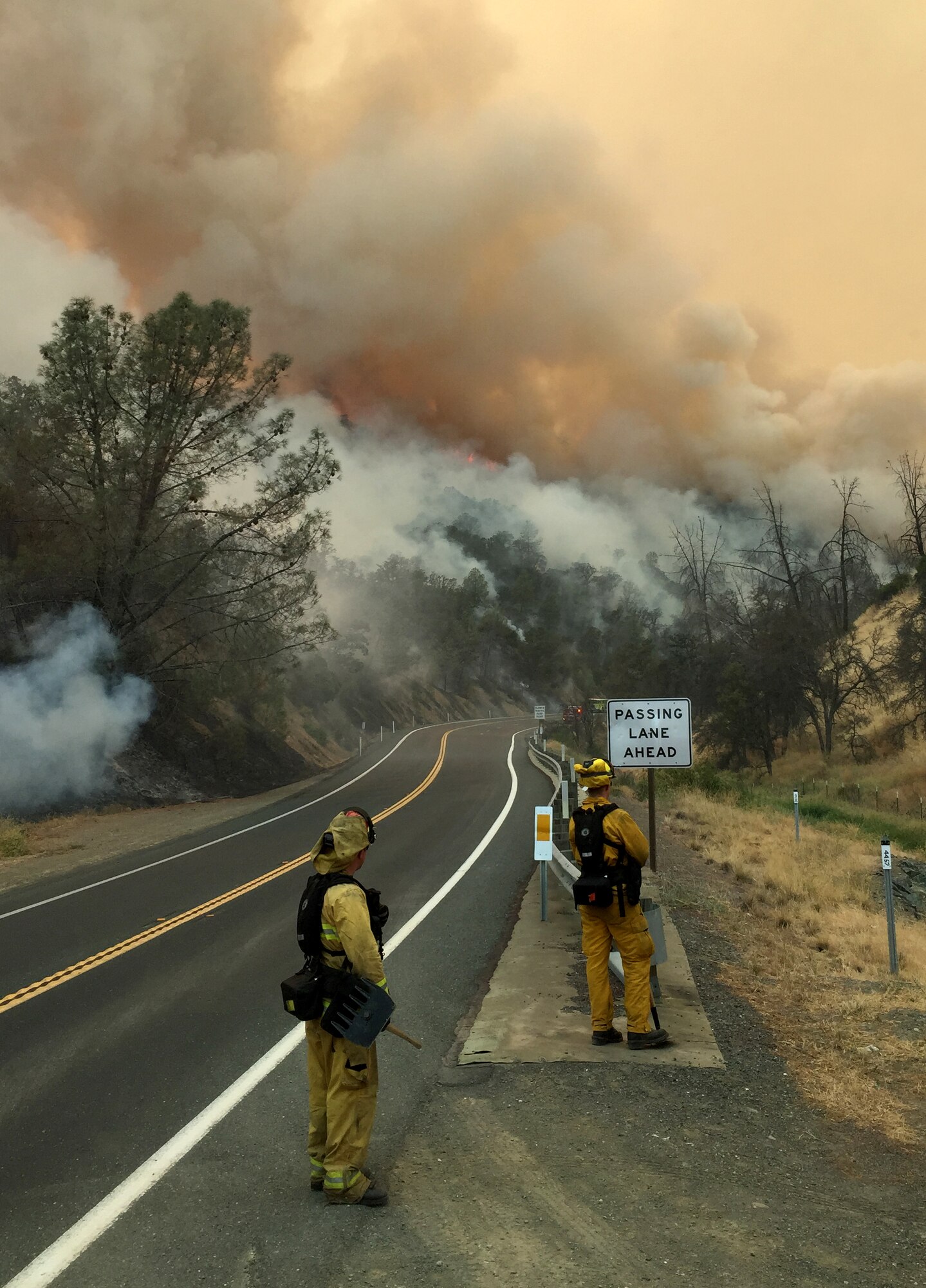 Firefighters survey the Rocky Wildfire, Aug. 2, 2015, near Clearlake, California. (Courtesy photo)