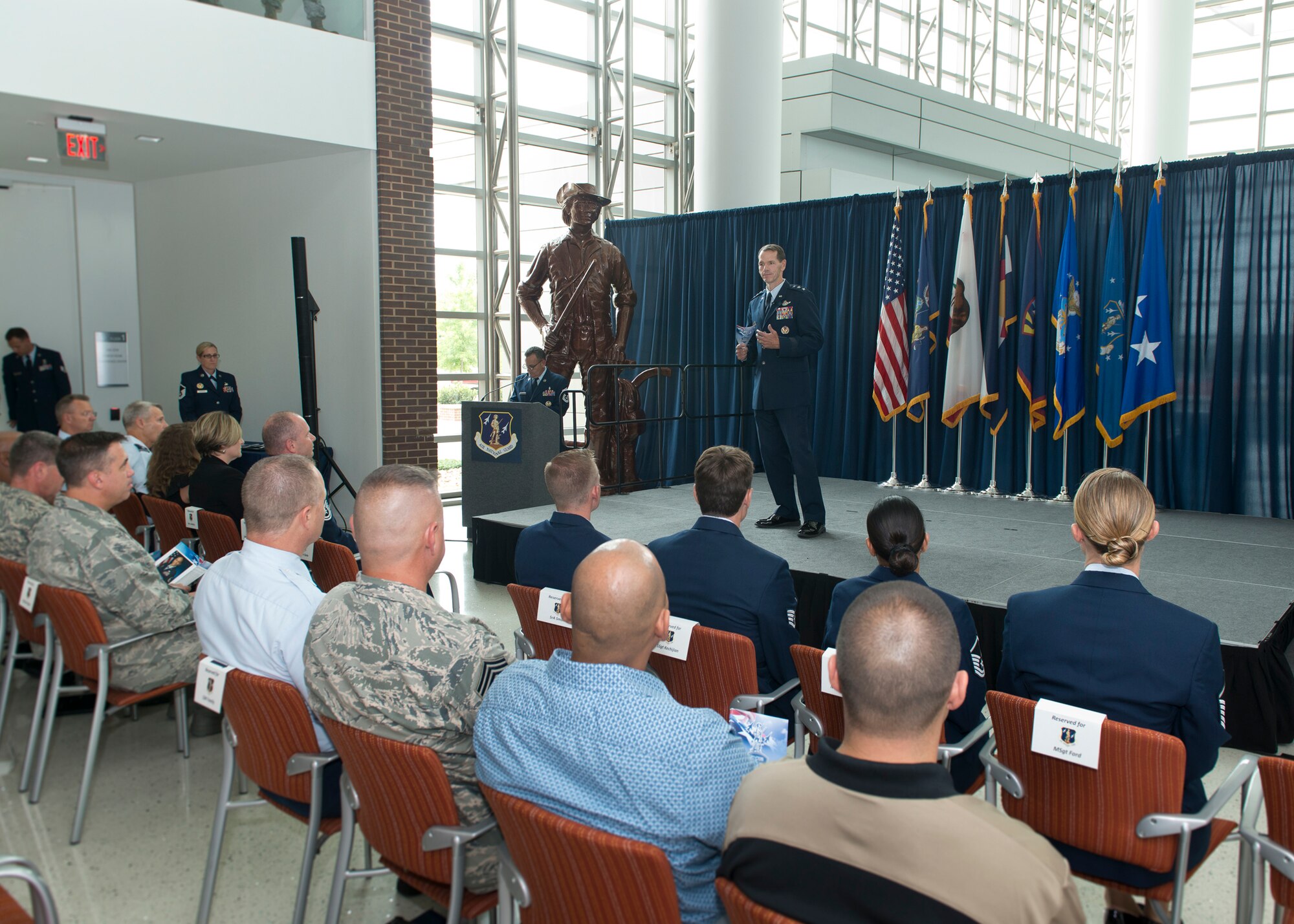 Lieutenant Gen. Stanley E. Clarke III, director of the Air National Guard, addresses attendees during an All Call event Aug. 6, 2015 at Joint Base Andrews, Maryland. The purpose of the All Call is to recognize the ANG’s Outstanding Airmen of the Year and signifies the end to Focus on the Force, which gathers senior enlisted leaders to openly discuss concerns, receive feedback from enlisted Airmen, and tell the exceptional stories of ANG Airmen throughout the 50 states, territories, and the District of Columbia. (Air National Guard photo by Master Sergeant Marvin. R. Preston, Released)