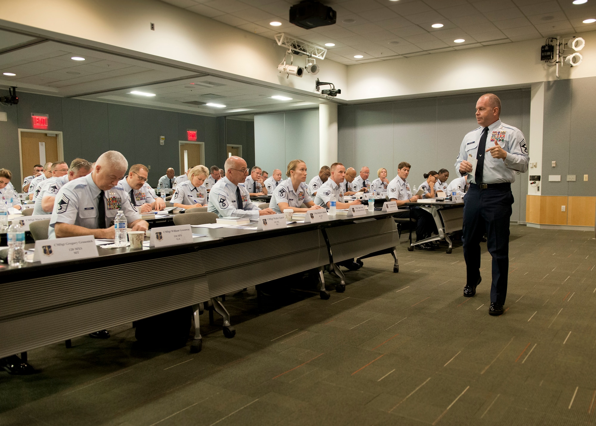 The Chief Master Sergeant of the Air National Guard, James W. Hotaling, addresses recently-promoted chief master sergeants during the Chief's Executive Course at the Air National Guard Readiness Center at Joint Base Andrews, Md., Aug. 3, 2015. Hotaling also used the opportunity to introduce the ANG Outstanding Airmen of the Year for 2015. The CEC provides recently promoted Chief Master Sergeants with a broad view of operations at a strategic level. (Air National Guard photo by Master Sgt. Marvin. R. Preston, Released)