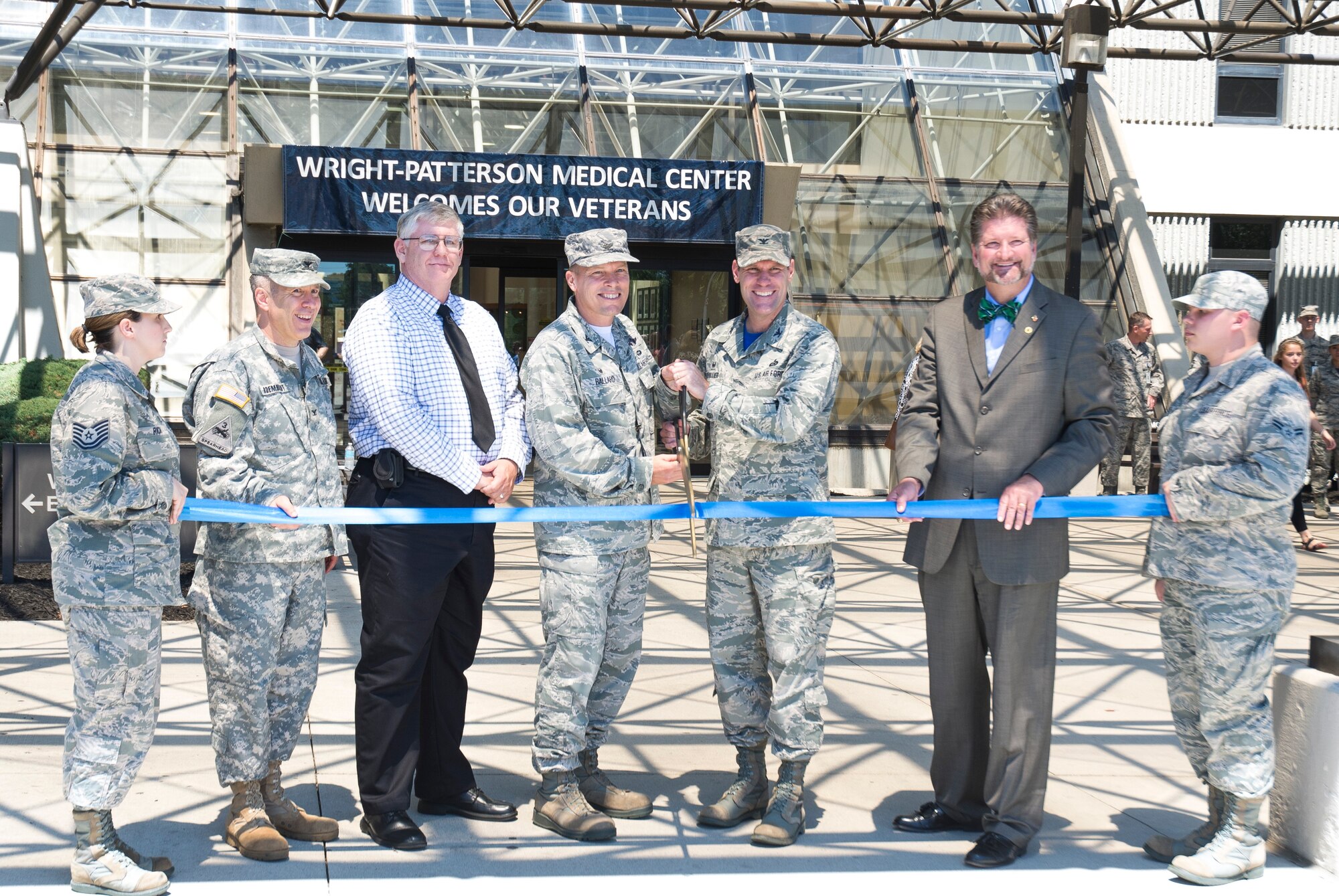 Wright-Patterson Air Force Base Medical Center's Gateway to Health Care III construction project has been completed. Participating in a ribbon-cutting ceremony July 31 (from left): Col. Steve Roembilt, program manager for USA Corps of Engineers; Andy Shirey, 88th Medical Group facility manager; Col. Tim Ballard, 88th Medical Group commander; Col. John Devillier, 88th Air Base Wing commander; and Glenn Costie, CEO, Dayton