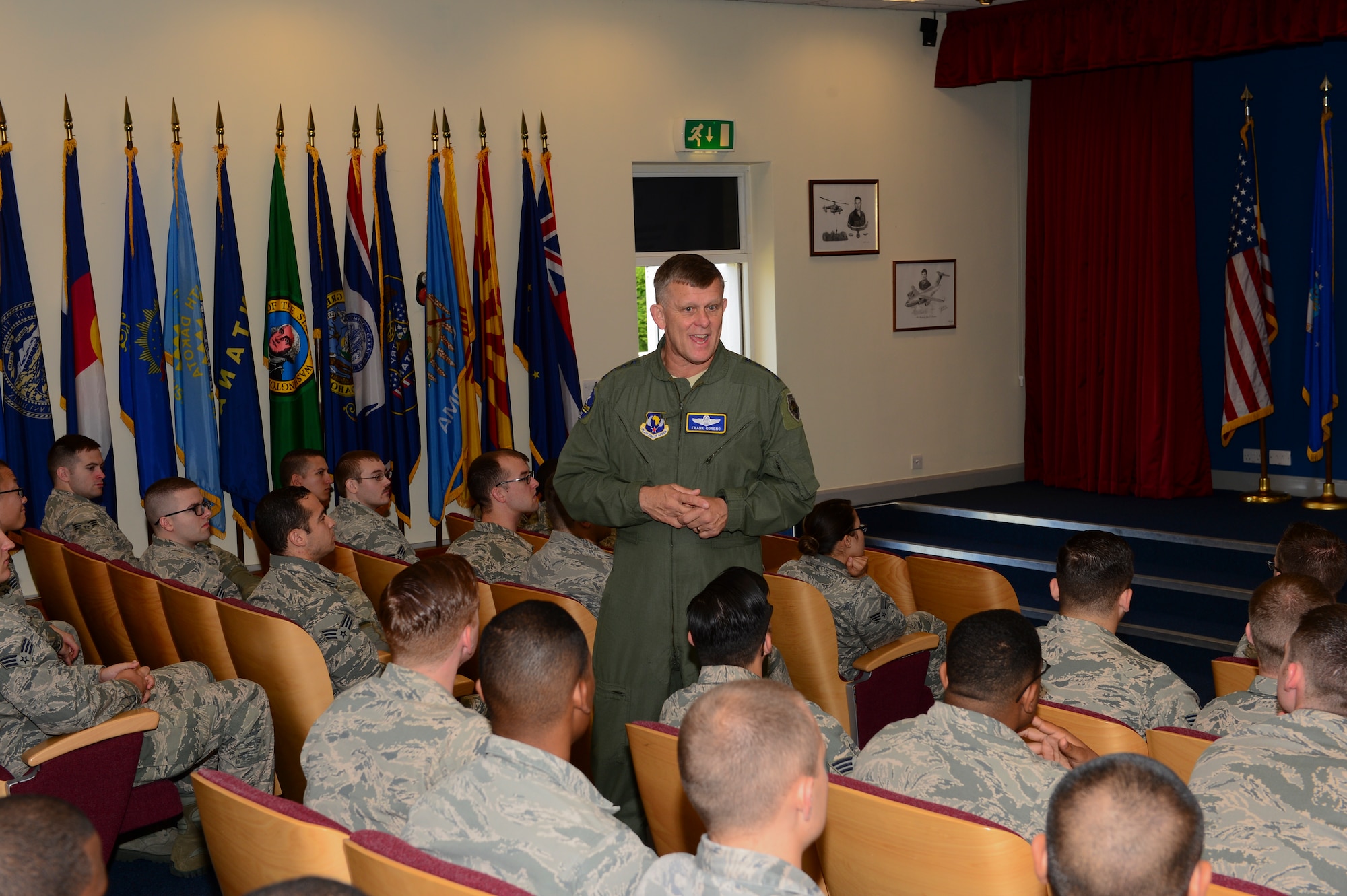Gen. Frank Gorenc, U.S. Air Forces in Europe and Air Forces Africa commander, speaks with Airmen at Airman Leadership School on Royal Air Force Feltwell, England, Aug. 4, 2015. Gorenc shared experiences with the group, while also opening the floor to Airmen to ask questions and voice opinions on the current state of the military. (U.S. Air Force photo by Senior Airman Nigel Sandridge/Released)