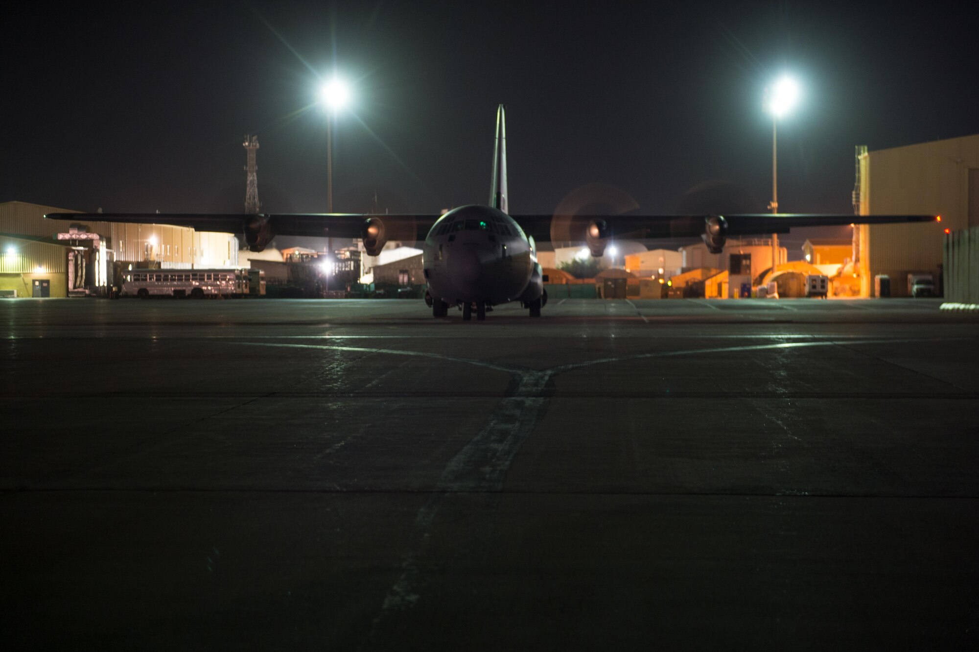 A U.S. Air Force C-130J Super Hercules aircraft prepares to taxi on the flight line at Bagram Airfield, Afghanistan, Aug. 7, 2015 The aircraft is maintained by the 455th Expeditionary Aircraft Maintenance Squadron ensures Super Hercules on Bagram are prepared for flight and return them to a mission-ready state once they land. (U.S. Air Force photo by Tech. Sgt. Joseph Swafford/Released)