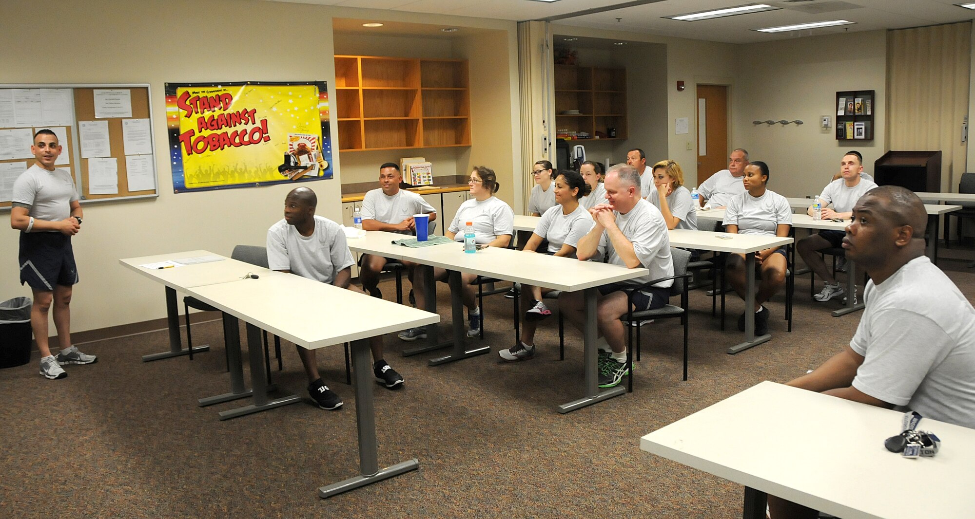 The 192nd Fighter Wing Unit Fitness Program conducted its first “Running Clinic Rx” for service members at Joint Base Langley-Eustis, Virginia July 18, 2015. The clinic began with a classroom briefing that presented tips and techniques for the proper running form, running shoes for different foot types, and good overall health habits. The techniques presented were meant to help airmen improve their running to prevent injury and improve success for the running portion of the annual Physical Training test. (U.S. Air National Guard photo by Airman 1st Class Johnisa B. Roberts/Released)

