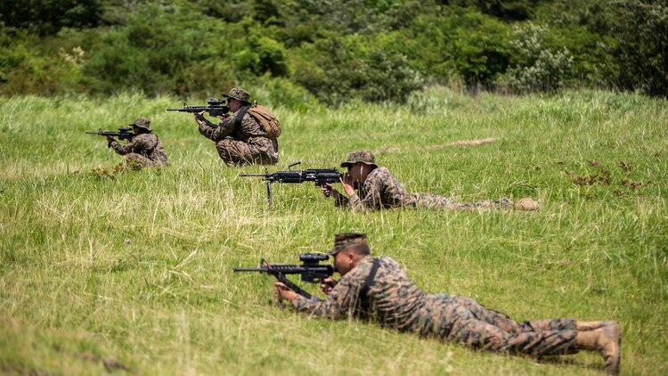 Marines with Combat Logistics Company 36 practice their fire and maneuver tactics during Exercise Dragon Fire 2015 at Combined Arms Training Center Camp Fuji, Japan, July 21. Service members participated in live-fire ranges, land navigation, and conducted convoy and recovery operations during the annual exercise to enhance their combat readiness.
