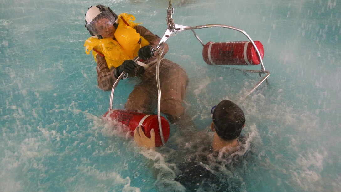 Marines participated in water survival training at Marine Corps Air Station Cherry Point, North Carolina, July 28, 2015. The Aviation Survival Training Center is the only water survival facility on any Marine Corps installation on the East Coast. Naval aviators are given classes on protocol and the gear they use in case of an emergency on an aircraft. The skills they learn in ASTC ensure 2nd Marine Aircraft Wing, its aviators and crew members are qualified and maintain the highest state of readiness.