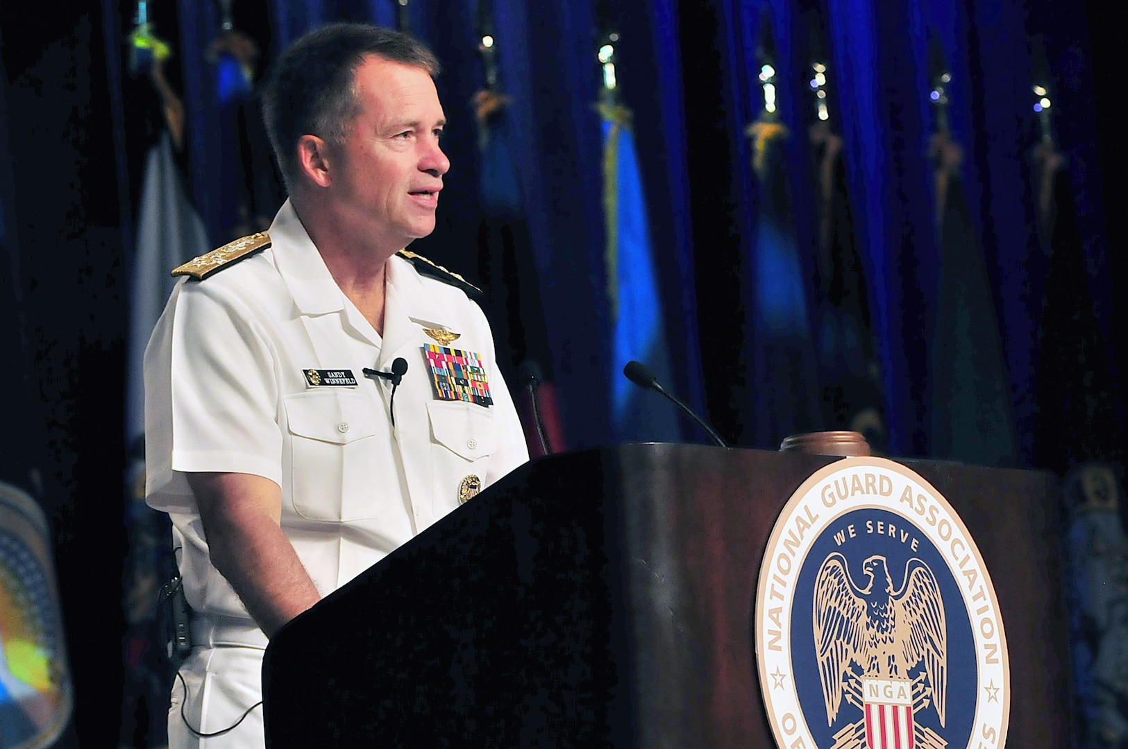 Navy Adm. James Winnefeld, ninth vice chairman of the Joint Chiefs of Staff, addresses an audience at the 133rd general conference of the National Guard Association of the United States in Milwaukee, Aug. 28, 2011.
