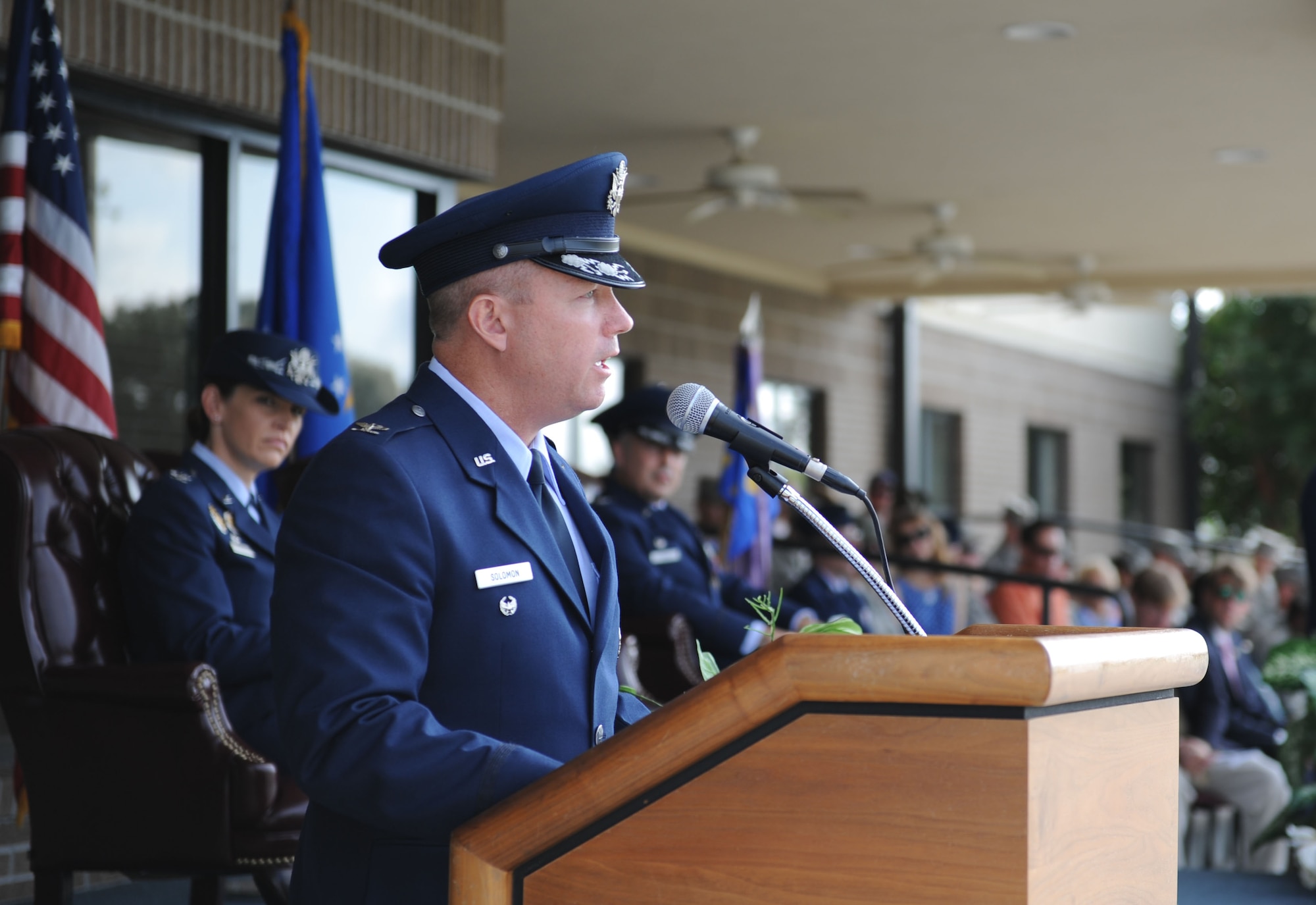 Col. Scott Solomon, 81st Training Group commander, delivers remarks during a change of command ceremony, August 7, 2015, Keesler Air Force Base, Miss.  Solomon assumed command of the 81st TRG from Col. George Tombe. (U.S. Air Force photo by Kemberly Groue)
