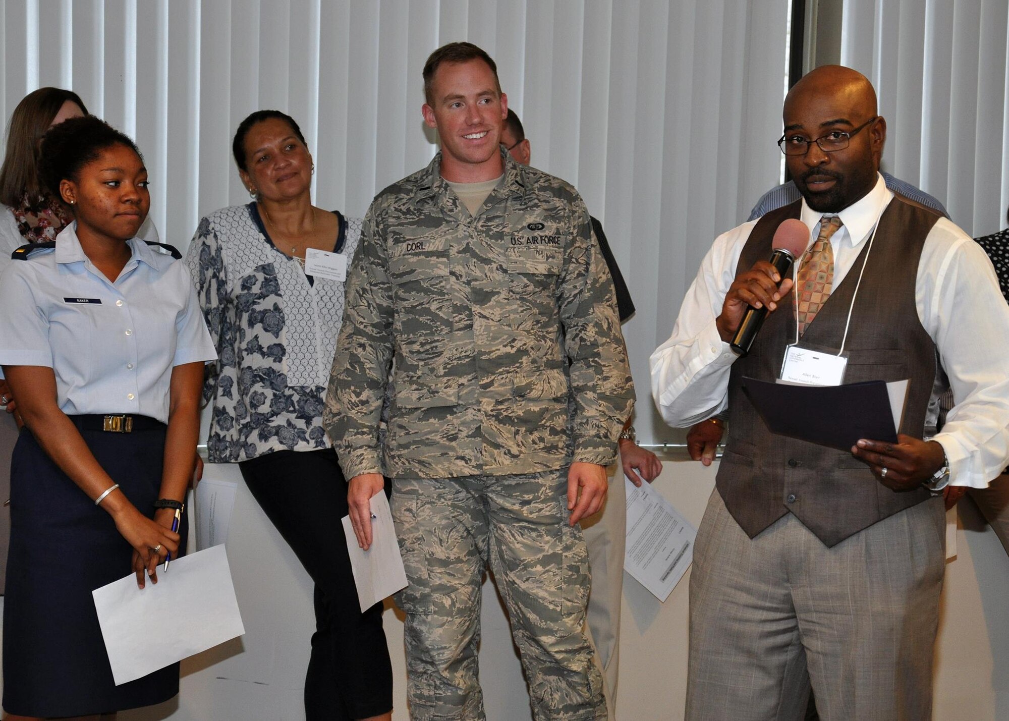 Allen Blair, a sexual assault response coordinator at Joint Base San Antonio-Randolph, Texas, provides his team’s feedback on the best approaches for communicating with leaders during a five-day SARC annual refresher course at the National Conference Center in Leesburg, Va., Aug. 5, 2015. Nearly 130 SARCs from across the Air Force attended the training, which included lessons on prevention, policy, training and leadership interaction. (U.S. Air Force photo/Tech. Sgt. Bryan Franks)