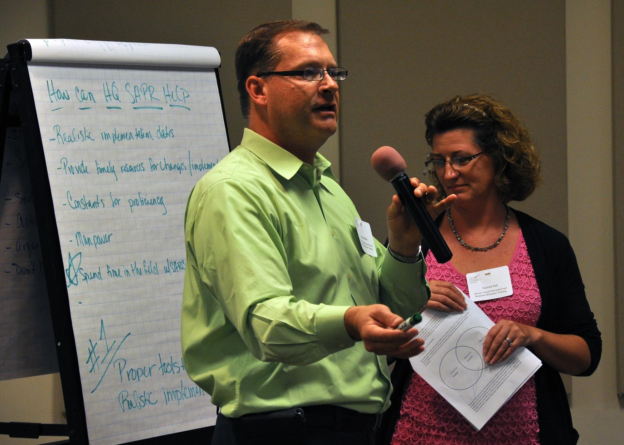 Barry Waite, the Ira C. Eaker Center for Professional Development’s chief of workforce diversity and civilian professional development at Maxwell Air Force Base, Alabama, delivers a lesson on communicating with leadership at all levels to Air Force sexual assault response coordinators during a five-day SARC annual refresher course at the National Conference Center in Leesburg, Va., Aug. 5, 2015. (U.S. Air Force photo/Tech. Sgt. Bryan Franks)