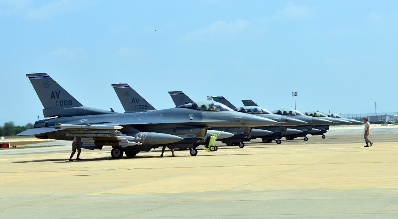 Six U.S. Air Force F-16 Fighting Falcons, support equipment and about 300 personnel arrived Aug. 9, 2015, at Incirlik Air Base, Turkey, from Aviano Air Base, Italy, to support Operation Inherent Resolve. U.S. Air Force photo by Senior Airman Michael Battles