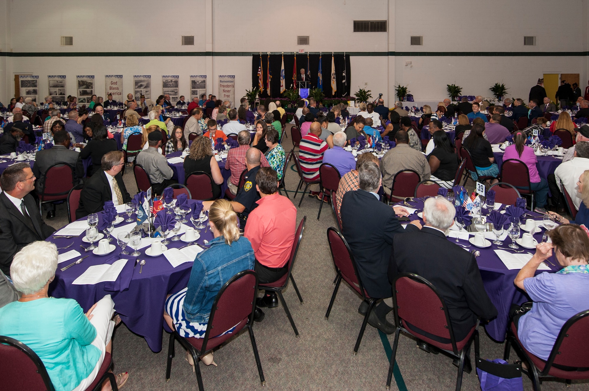 More than 200 members of Team Seymour and the local community attended the 4th Annual Purple Heart Banquet, Aug. 7, 2015, at the First Pentecostal Holiness Church in Goldsboro, North Carolina. Included in the honors were two active duty service members currently stationed at Seymour Johnson Air Force Base, North Carolina. (U.S. Air Force photo/Airman Shawna L. Keyes)