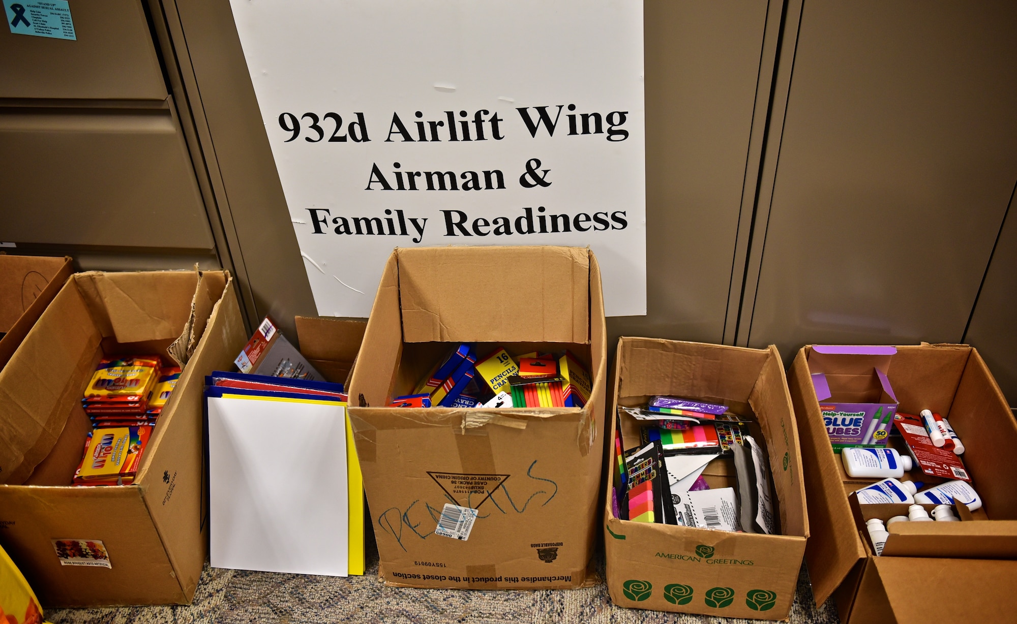 Various school supplies donated by Operation Home Front and some extra items from the 126th Air Refueling Wing, an Illinois National Guard unit located at Scott Air Force Base, Illinois, were available to 932nd Airlift Wing Airmen during the August Unit Training Assembly. A good majority of the supplies were picked up throughout the day but any remaining will be available during the 932nd AW Family Picnic in September. (U.S. Air Force photo/Tech. Sgt. Christopher Parr)
