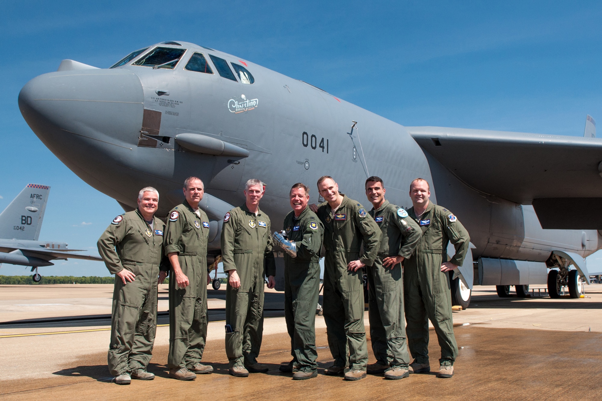 U.S. Air Force Col. Keith Schultz, commander of the 307th Operations Group, is joined by the air crew that accompanied him on his last flight in a B-52H Stratofortress on Aug. 2, 2015 on Barksdale Air Force Base, La. Schultz is a command pilot with over 7,000 flying hours and has spent the last 14 years stationed at Barksdale. (U.S. Air Force photo by Master Sgt. Dachelle Melville/Released)