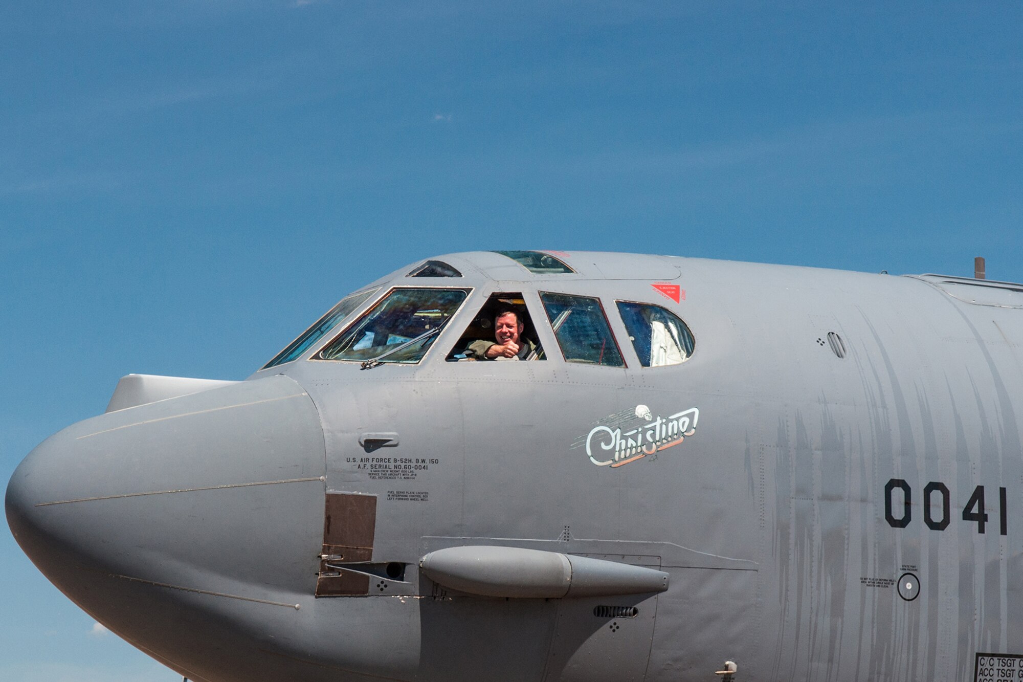 U.S Air Force Col. Keith Schultz, commander of the 307th Operations Group, gives a thumb up after landing a B-52H Stratofortress for the last time at Barksdale Air Force Base, La. on Aug. 2, 2015. Schultz is a command pilot with over 7,000 flying hours of which 472 were flown in combat in the bomber. (U.S. Air Force photo by Master Sgt. Dachelle Melville/Released)