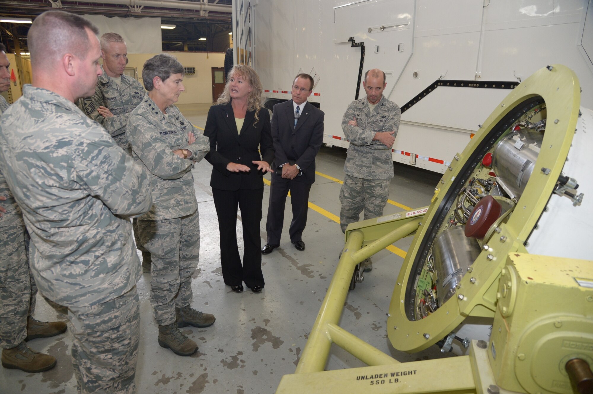 Gen. Ellen M. Pawlikowski, Air Force Materiel Command commander, listens to Sandra Fitzgerald, 309th Missile Maintenance Group deputy director, explain the contribution the 309th makes to sustainment of the Minuteman III weapon system at Hill Air Force Base, Utah, Wednesday, Aug. 5. Pawlikowski’s visit was part of an immersion tour of Air Force Sustainment Center facilities. (U.S. Air Force photo by Alex R. Lloyd/Released)