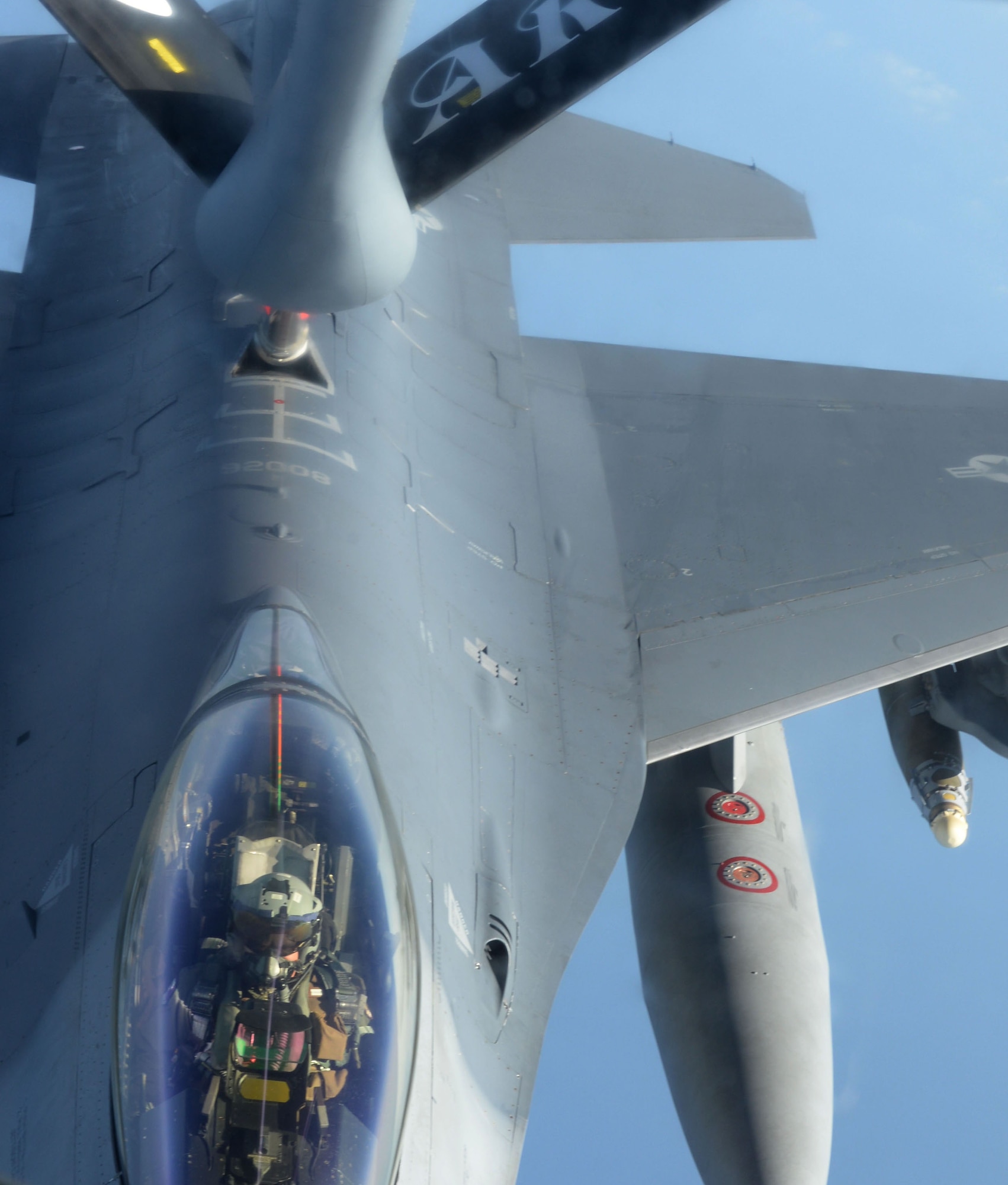 A U.S. Air Force F-16 Fighting Falcon from Aviano Air Base, Italy takes on fuel from a U.S. Air Force KC-135 Stratotanker from RAF Mildenhall, England Aug. 9, 2015, over the Adriatic Sea. The F-16 was one of six total that deployed to Incirlik AB, Turkey in support of Operation Inherent Resolve. This deployment coincides with Turkey's decision to host U.S. aircraft to conduct counter-ISIL operations. (U.S. Air Force photo by Airman 1st Class Justine Rho/Released)