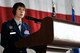 U.S. Air Force Col. Jill Scheckel, 55th Medical Group commander, speaks to attendees at the 55th MDG change of command ceremony at the Bennie Davis Maintenance Facility on Offutt Air Force Base, Nebraska, Aug. 7. Scheckel comes to Offutt from Spangdahlem Air Base, Germany, where she served as the 52nd Medical Group commander. (U.S. Air Force photo by Jeff Gates)