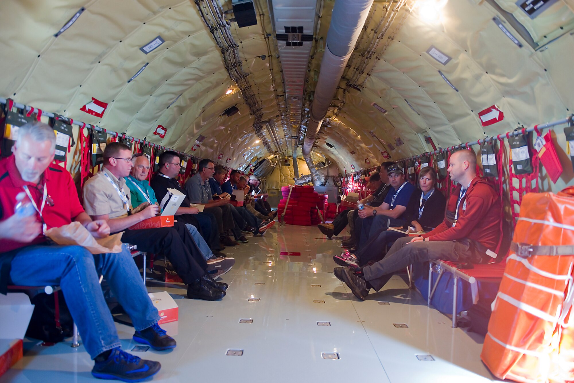 Civilian employers take flight in a KC-135R Stratotanker during an Indiana Employer Support of the Guard and Reserve event held here Aug. 7, 2015. The purpose of the event is to help educate Guard and Reserve employers on what their employees do in support of America’s defense. (U.S. Air Force photo/Senior Airman Jami K. Lancette) 
