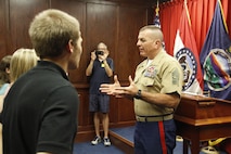 Sgt. Maj. Bryan B. Battaglia, senior enlisted advisor to the chairman of the joint chiefs of staff, speaks to applicants at the Kansas City Military Entrance Processing Station in Kansas City, Mo., Aug. 5, 2015. Battaglia spoke of how every person who walks through MEPS is starting on a journey that will change their lives forever.