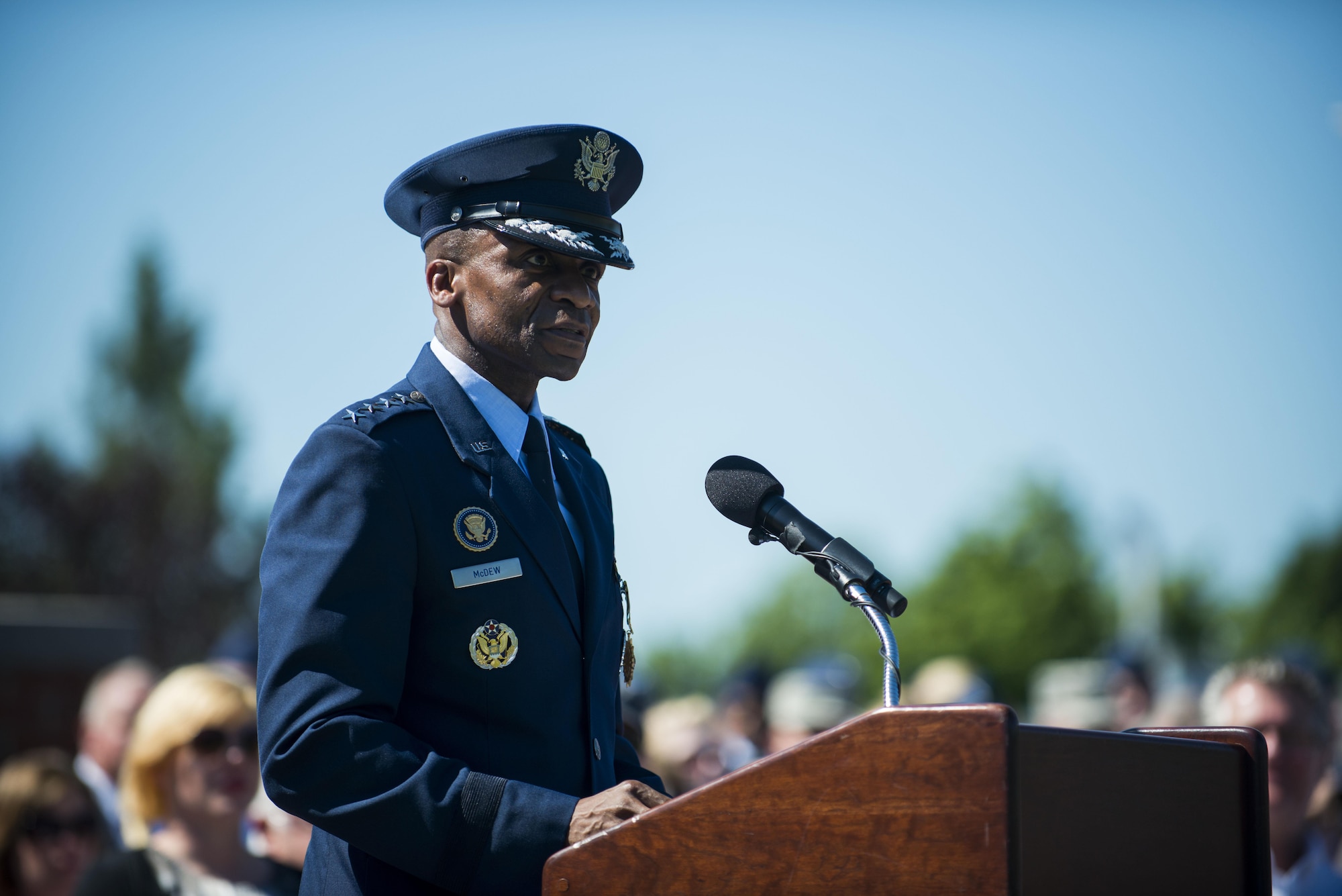 Gen. Darren W. McDew speaks during the Air Mobility Command change of command ceremony at Scott Air Force Base, Ill., Aug. 11, 2015. Gen. Carlton D. Everhart II assumed command of AMC from McDew, who will remain at Scott AFB as the new commander of U.S. Transportation Command. Chief of Staff of the Air Force Gen. Mark A. Welsh III officiated at the ceremony. (U.S. Air Force photo/Staff Sgt. Clayton Lenhardt)   