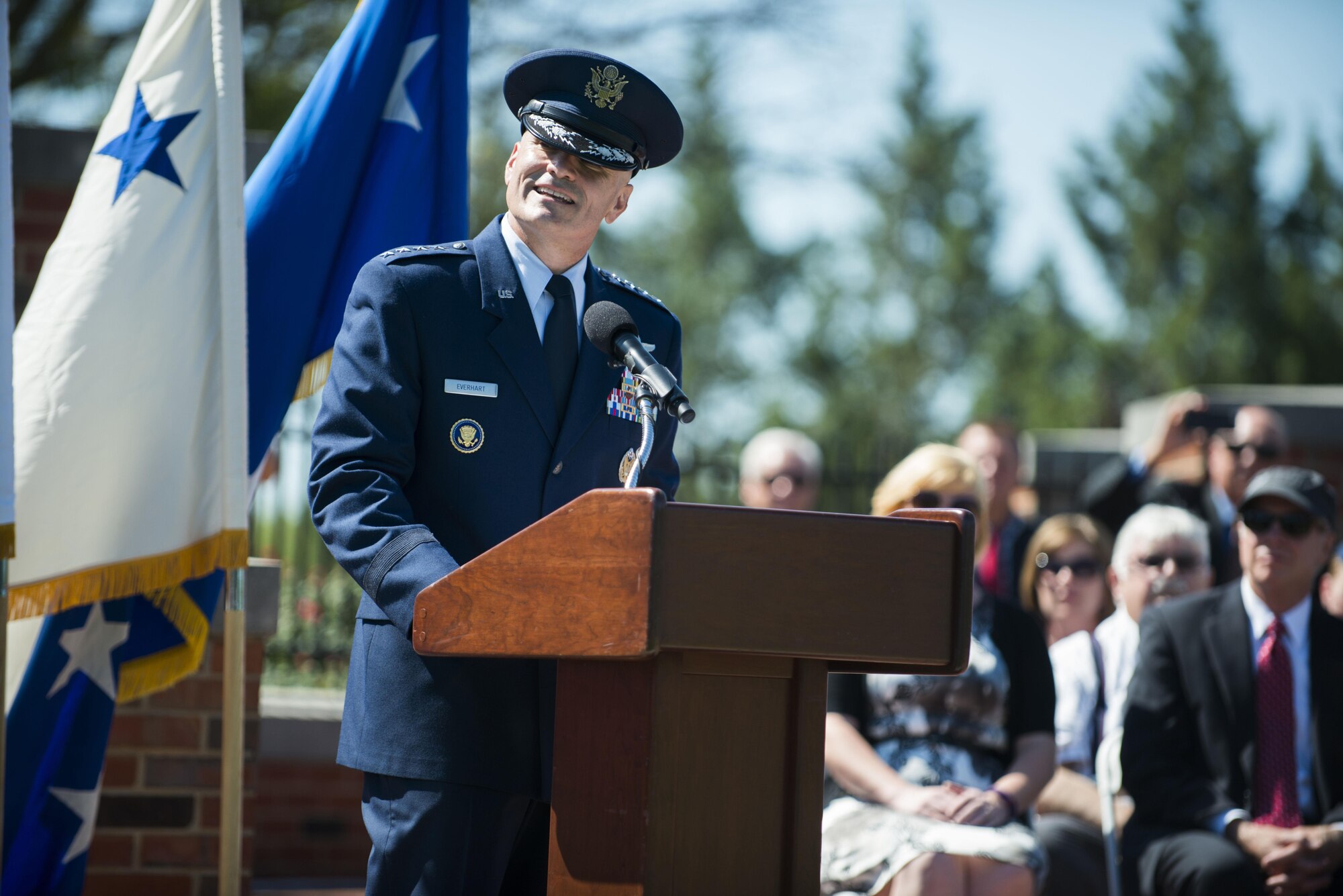 Gen. Carlton D. Everhart II, the Air Mobility Command commander, speaks during the AMC change of command ceremony at Scott Air Force Base, Ill., Aug. 11, 2015. Chief of Staff of the Air Force Gen. Mark A. Welsh III officiated at the ceremony where Everhart assumed command from Gen. Darren W. McDew. (U.S. Air Force photo/ Staff Sgt. Clayton Lenhardt)