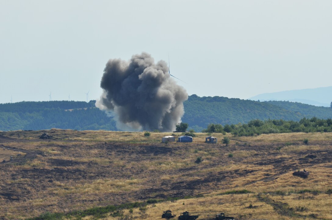 U.S. and German forces detonate unexploded ammunition at the Baumholder Military Training Area in Baumholder, Germany, Aug. 10, 2015. U.S. soldiers had assisted German forces with detecting and removing the unexploded ammunition. 