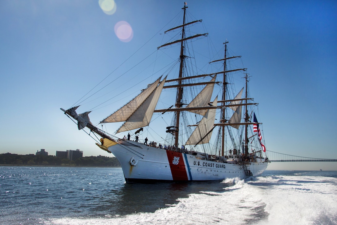 The U.S. Coast Guard Cutter Eagle sails in New York City's inner harbor after passing under the Verrazano-Narrows Bridge, July 31, 2015.