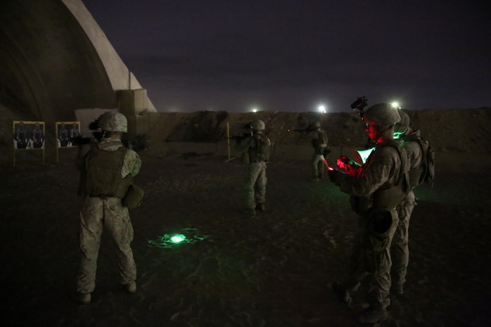 U.S. Marines with Headquarters Company, 3rd Battalion, 7th Marine Regiment, Special Purpose Marine Air-Ground Task Force-Crisis Response-Central Command, engage close-range targets during a night shoot in Southwest Asia, Aug. 8, 2015. These Marines provide security at one of the SPMAGTF operating bases in the Middle East. The Marines and Sailors of SPMAGTF-CR-CC offer rapid, task-organized solutions to the commander of USCENTCOM across an area of operations spanning 20 countries.