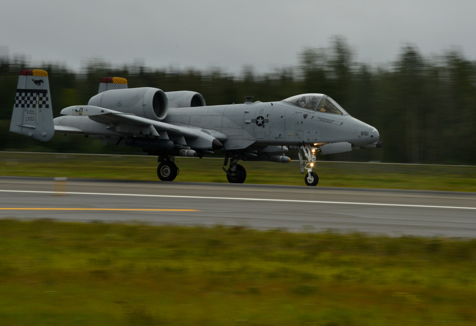 A U.S. Air Force A-10 Thunderbolt II assigned to Osan Air Base, Republic of Korea, lifts off from the Eielson Air Force Base, Alaska, flightline Aug. 10, 2015 as part of the first simulated combat sortie of RED FLAG-Alaska 15-3. Osan units are is participating in this Pacific Air Forces commander-directed field training exercise for U.S. and partner nation forces, providing combined offensive counter-air, interdiction, close air support, and large force employment training in a simulated combat environment. (U.S. Air Force photo by Airman 1st Class Kyle Johnson/Released)