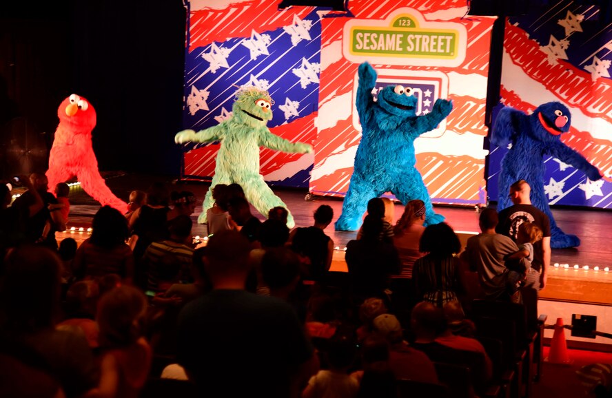 The Sesame Street Muppets perform for U.S. Service members at Misawa Civic Center, Japan, Aug. 10, 2015. The show developed from a DVD series in 2008 and has since changed to meet the needs of military families. (U.S. Air Force photo by Airman 1st Class Jordyn Fetter/Released)