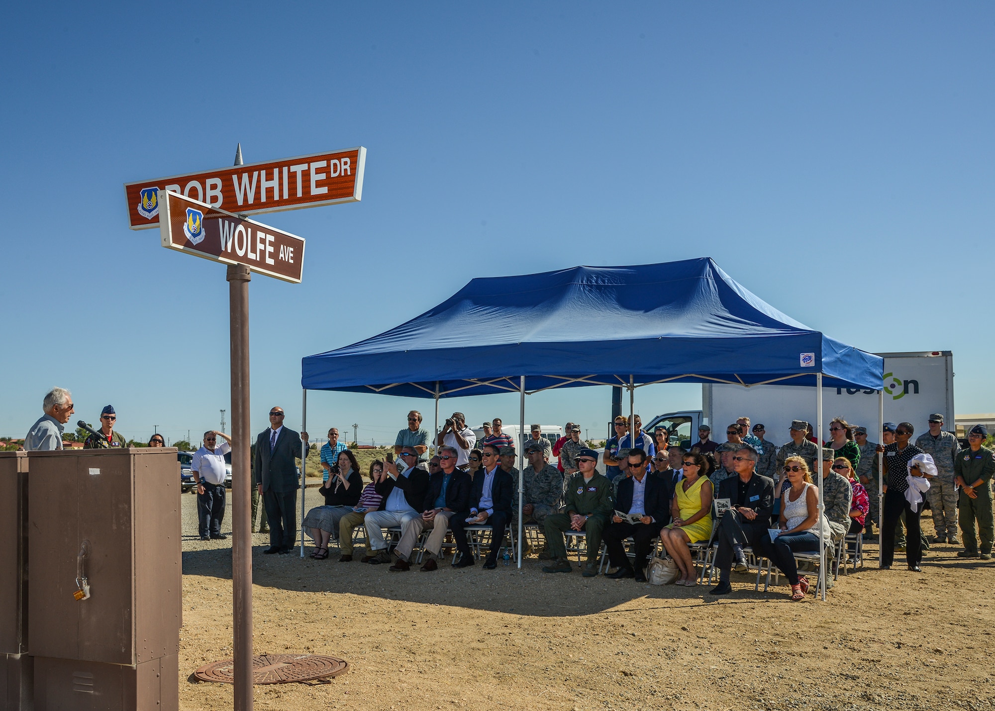 A street dedication ceremony was held Aug. 7 to honor Maj. Gen. Bob White, who was a breakthrough test pilot and combat pilot. After graduating from the U.S. Air Force Test Pilot School at Edwards AFB in 1954, he went on to test the F-86, F-89, F-102, F-105 and in 1958 was designated an X-15 test pilot. (U.S. Air Force photo by Rebecca Amber)