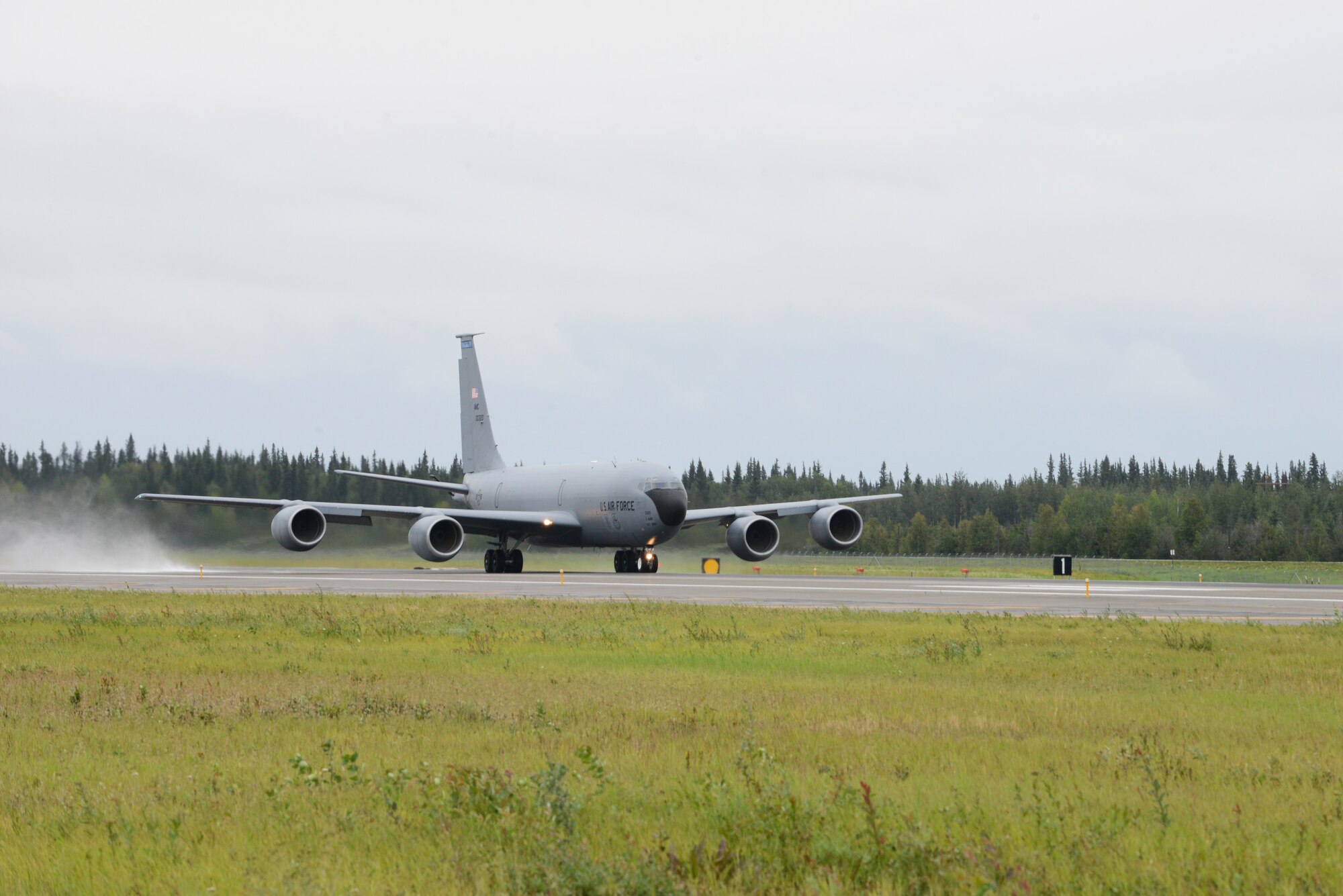 A U.S. Air Force KC-135R Stratotanker assigned to the 22nd Air Refueling Wing, McConnell Air Force Base, Kan., takes off from Eielson Air Force Base, Alaska, Aug. 10, 2015, during RED FLAG-Alaska (RF-A) 15-3. RF-A is a series of Pacific Air Forces commander-directed field training exercises for U.S. and partner nation forces, providing combined offensive counter-air, interdiction, close air support and large force employment training in a simulated combat environment. (U.S. Air Force photo by Senior Airman Ashley Nicole Taylor/Released)