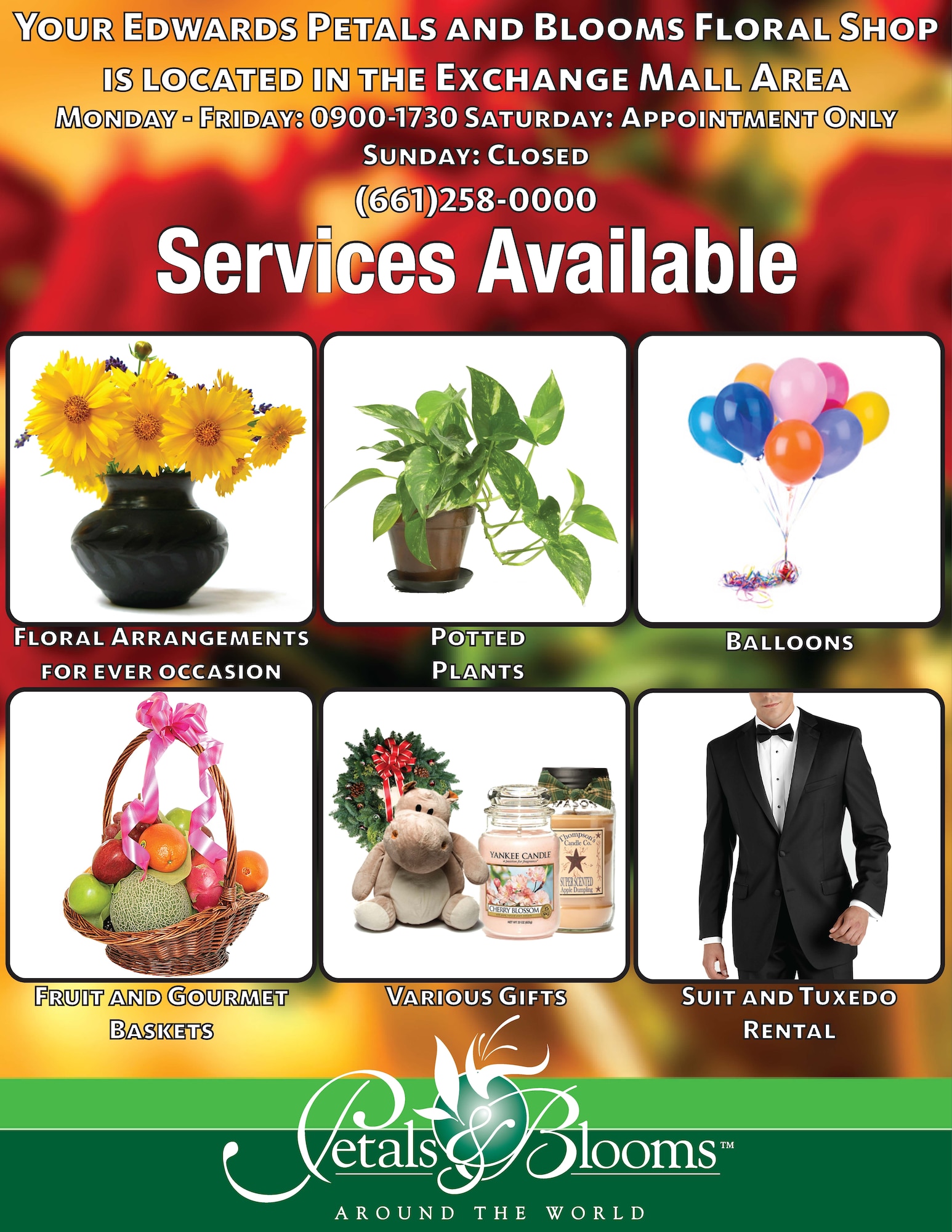 Edwards Petals and Blooms Floral Shop is open Monday through Friday from 9 am to 5:30 pm and on Saturday by appointment. (U.S. Air Force graphic)