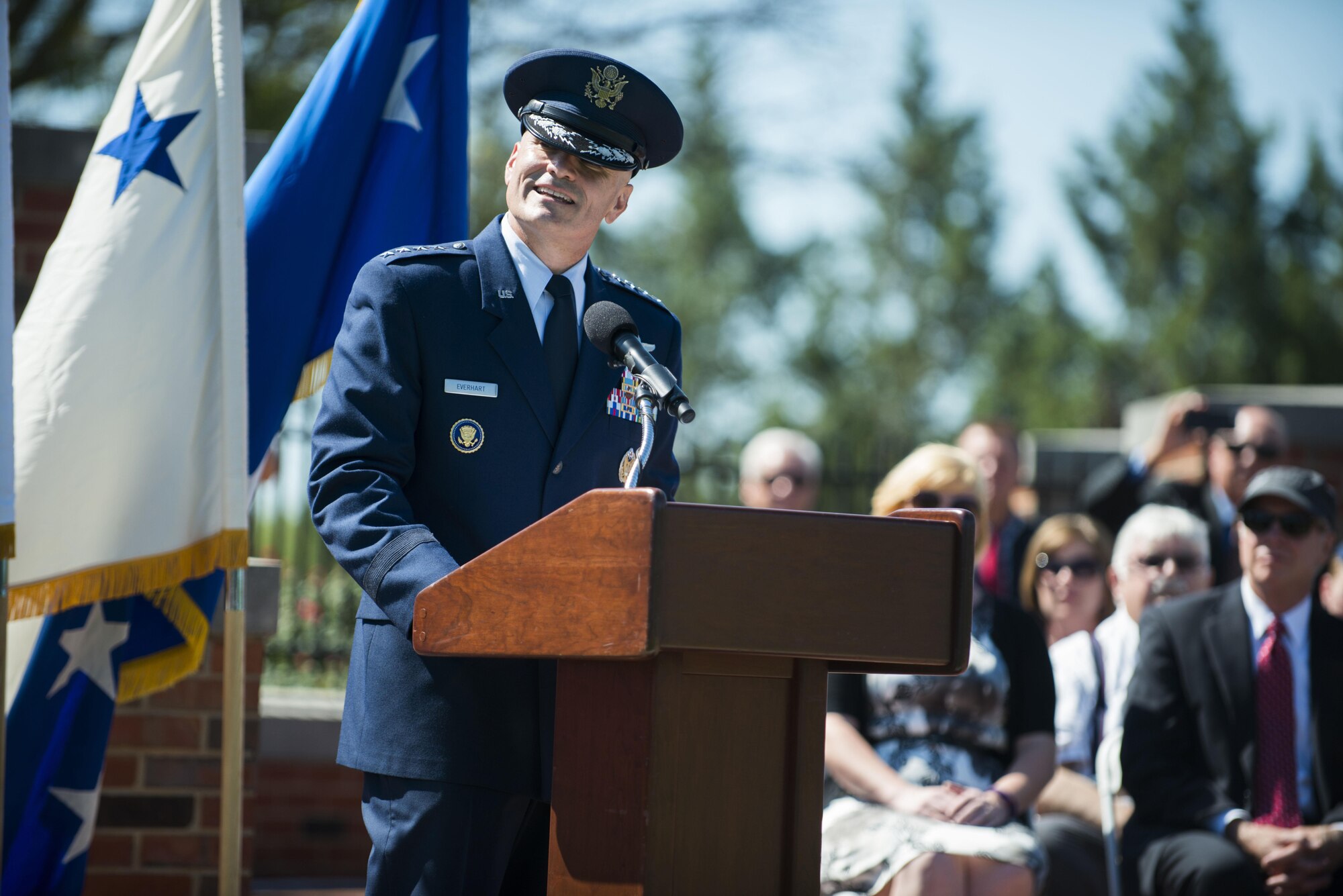 Gen. Carlton D. Everhart II, Air Mobility Command commander, speaks during the AMC change of command ceremony at Scott Air Force Base, Illinois. Gen. Mark A. Welsh III, Chief of Staff of the Air Force, officiated the ceremony where Everhardt assumed command of AMC from Gen. Darren W. McDew. Everhart was the former 18 Air Force commander here. (U.S. Air Force photo by Staff Sgt. Clayton Lenhardt)
