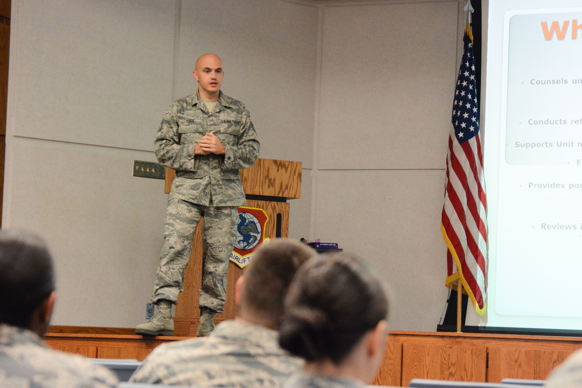 U.S. Air Force Tech. Sgt. Matthew Price, a recruiter assigned to the 139th Airlift Wing, Missouri Air National Guard, speaks to unit career advisors at Rosecrans Air National Guard Base, St. Joseph, Mo., Aug. 8, 2015. Price is the interim retention office manager and is in charge of the unit career advisor program. (U.S. Air National Guard photo by Tech. Sgt. Michael Crane)