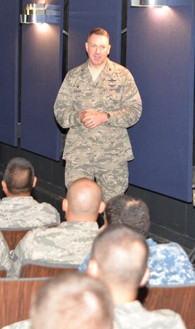 Colonel Rob Lyman, Joint Base Charleston commander, conducts his first commander’s call with the personnel of Naval Weapons Station, Charleston, S.C. on Aug. 7, 2015. He discussed his command philosophy and future goals for Joint Base Charleston. (U.S. Air Force photo/Seamus O'Boyle)