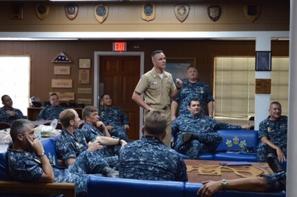 Command Master Chief Richard Curtis, director of the Senior Enlisted Academy at the Naval War College in Newport, R.I., met with those in the ranks of chief petty officer and below about the changes to the SEA during an all call Aug. 6, 2015 at the Red Bank Club on Joint Base Charleston - Weapons Station, S.C. One of the changes to the Navy SEA is that it will now be a requirement to advance to the rank of master chief. The Navy SEA provides senior enlisted leaders education in communication skills, leadership and management, national security affairs, Navy programs, and physical fitness. It is also the Navy's only Professional Military Education institute for its senior enlisted force. With a capacity of supporting more than 1,200 students annually, the SEA is attended by active and reserve personnel from the U.S. Navy, Air Force, Army, Army National Guard, Coast Guard, and Marine Corps, as well as International Service partners. (U.S. Air Force photo / Airman 1st Class Thomas Charlton)
 
   