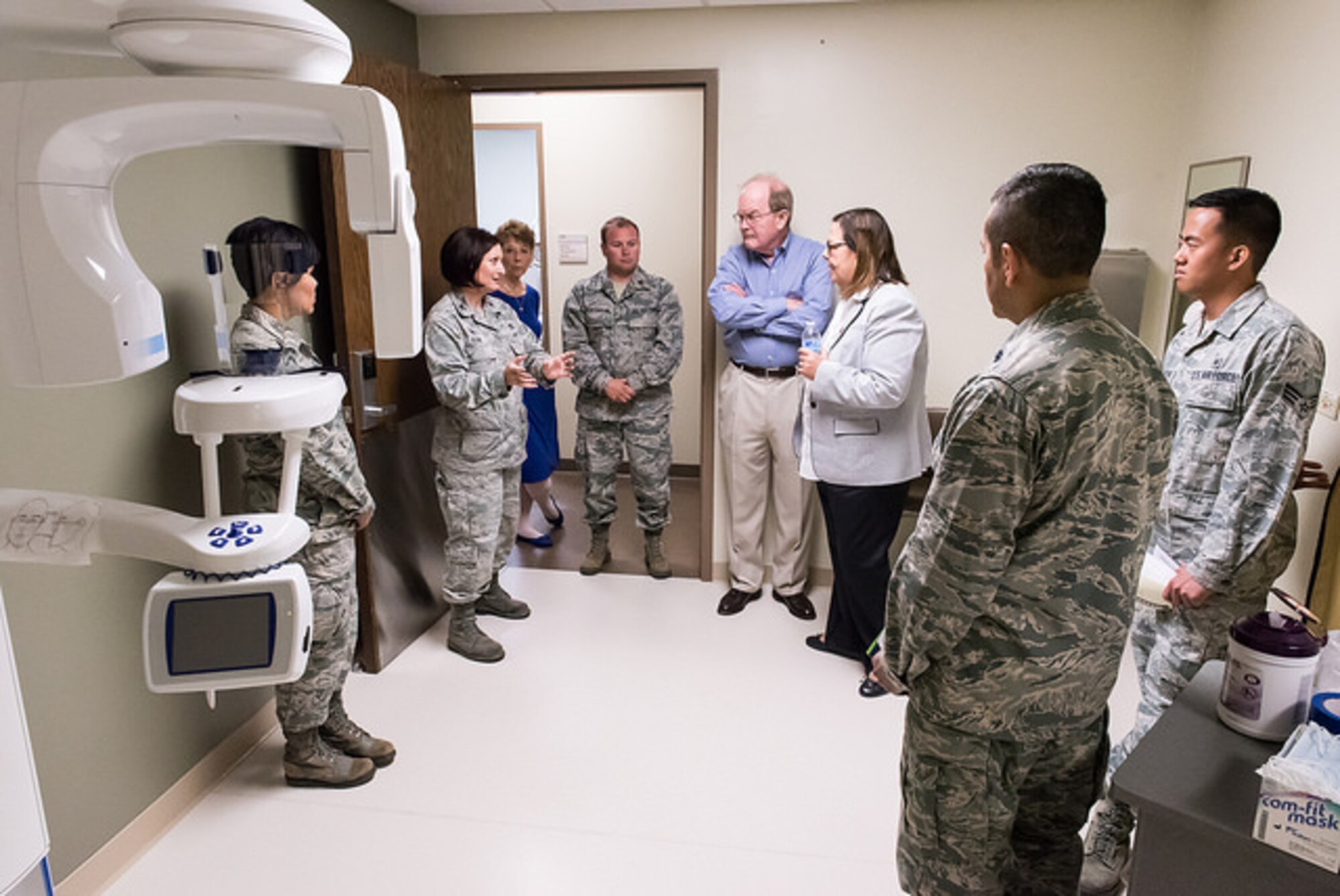 Col. Sheryl Kane, 87th Dental Squadron commander, briefs Dr. Maxine
Feinberg, American Dental Association President, on the cone beam panoramic
technology during her immersion tour August 5, 2015, at the Dental Clinic on Joint Base
McGuire-Dix-Lakehurst, N.J. During the tour, Feinberg learned the role of the USAF Dental Service and mentored the dental clinic Airmen. (U.S. Air Force photo by Russ Meseroll/Released)
