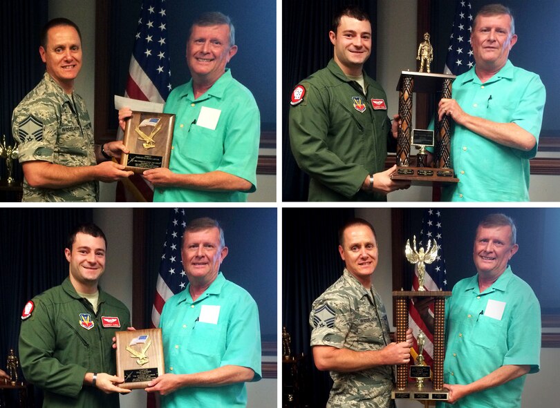 U.S. Air Force retired Col. Michael Cook presents 20th Fighter Wing Association Awards to Capt. Evan Farren, 77th Fighter Squadron pilot, and Senior Master Sgt. Steven Wisecarver, 20th Force Support Squadron career assistance advisor, at Shaw Air Force Base, S.C., Aug. 5, 2015. Farren received the Aerial Achievement Award for a noteworthy act of Airmanship. Wisecarver received the Force Multiplier Award for his contribution to the 20th FW. The two each received a trophy, plaque, and a $500 award from the 20th FW Assiociation. (U.S. Air Force photo illustration by 20th Fighter Wing Public Affairs/Released)
