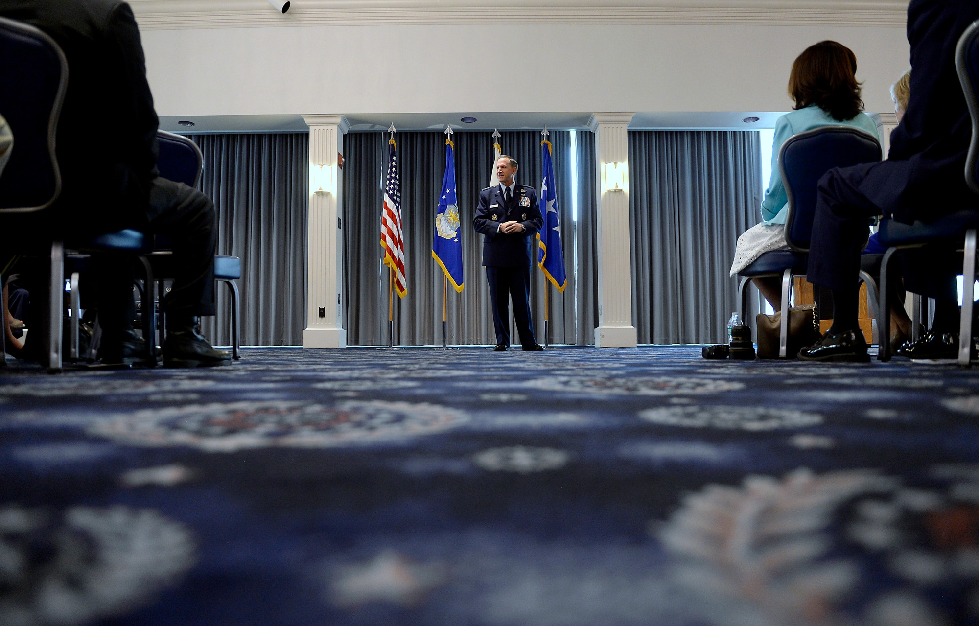 Gen. David L. Goldfein makes his remarks during his promotion ceremony Aug. 6, 2015, in Washington, D.C.  Goldfein will become the Air Force's 38th Vice Chief of Staff and most recently served as the director of the Joint Staff.  (U.S. Air Force photo/Scott M. Ash)