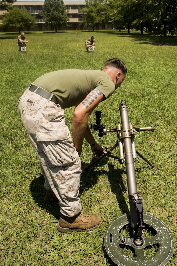 Mortarmen with 1st Battalion, 8th Marine Regiment practice boresighting with the M224 60 mm Mortar Lightweight Company Mortar System during a 10-day long 60 mm Mortar Lightweight Company Mortar System course under the direction of the Division Combat Skills Center aboard Camp Lejeune, N.C., Aug. 10, 2015. The course began with classroom instruction over the weapons system in which they learned how to boresight, misfire procedures and deflection changes for elevation before the unit moves into live-fire. (U.S. Marine Corps photo by Cpl. Krista James/Released)