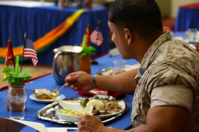 Judges evaluate selected menus during the Chef of the Quarter competition at Marine Corps Air Station Cherry Point, N.C., Aug. 6, 2015. Two Marines with Headquarters and Headquarters Squadron and one Marine with Marine Wing Support Squadron 274 put their skills to the test as they were judged on presentation, taste, bearing and their food service knowledge during the event. The competition allows Marines to use their creativity to prepare meals rather than their routine menus at the galley.