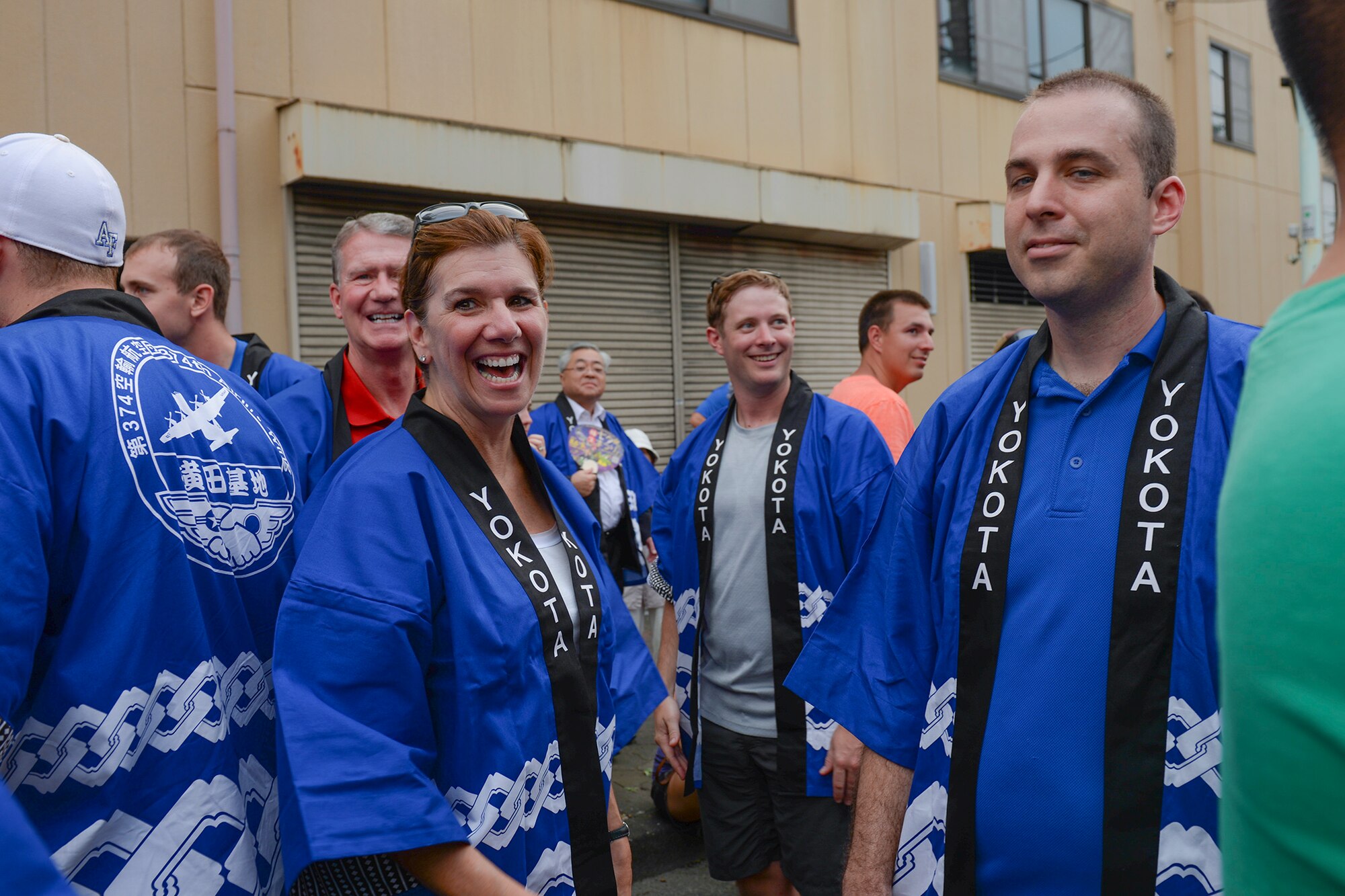 U.S. Air Force Gen. Lori Robinson, Pacific Air Forces commander, meets the Team Yokota members who are about to carry a mikoshi shrine through the streets in Fussa, Japan, Aug. 7, 2015. Carrying the shrine was part of the Tanabada festival, one of Yokota’s most prominent bilateral events. (U.S. Air Force photo by Airman 1st Class Elizabeth Baker/Released)