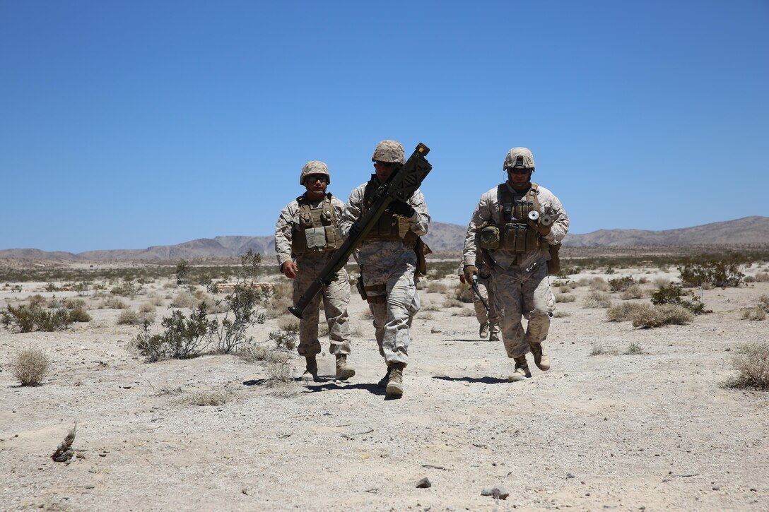 Marines with 3rd Low Altitude Air Defense Battalion (LAAD) return from firing a stinger weapons in National Training Center Fort Irwin (NTC), California, August 10. Marines fired stinger missiles, a 50 Caliber sniper rifle and an M240B machine gun during the five-day annual training. (U.S. Marine Corps photo by Lance Cpl. Kimberlyn Adams/Released)