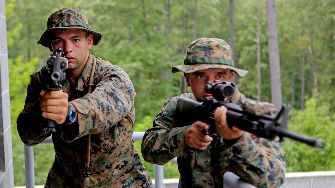 Marines with Support Company, 2nd Combat Engineer Battalion, practice clearing a stairwell of all enemy presence during Basic Urban Skills Training at Fort A.P. Hill, Virginia, Aug. 6, 2015. The training, which was taught by instructors from the 2nd Marine Division Training Center, was part of the battalion’s Deployment for Training exercise where the Marines improved the basic infantry skills they might not use on a daily basis.