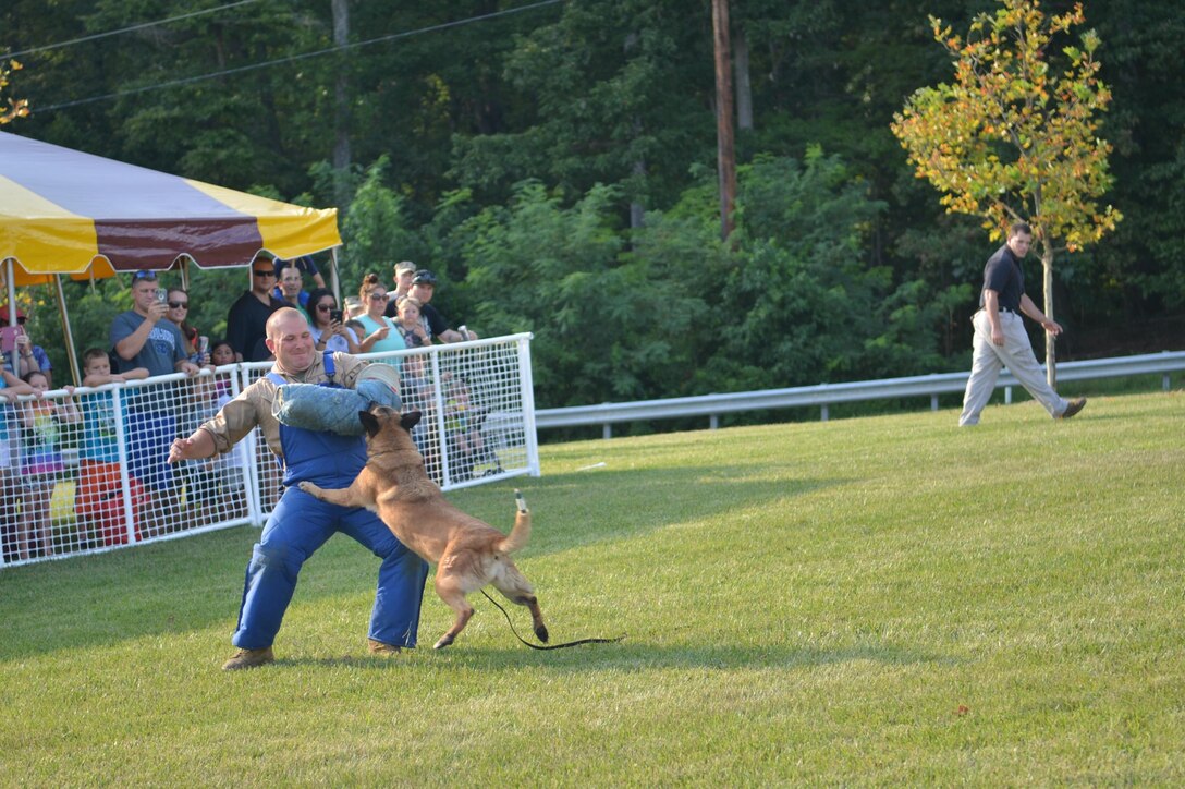 Sgt. Justin Territo, a military working dog handler with Security Battalion, provides a working dog demonstration at the National Night Out held aboard Quantico Aug. 4. The event was held in front of the Lincoln Military Housing office and included static displays from military police and firefighters. This is Quantico's fourth National Night Out which is designed to better integrate first responders with the community. Nationally, the initiative is in its 32nd year.